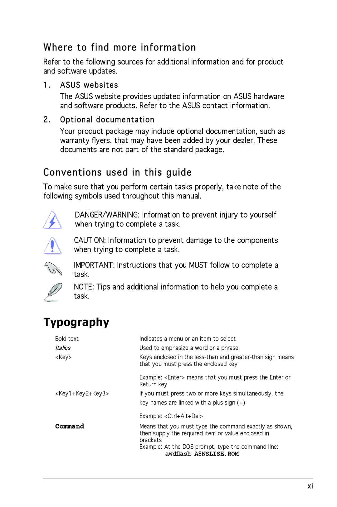 Asus A8N-SLI SE manual Typography, Where to find more information, Conventions used in this guide 