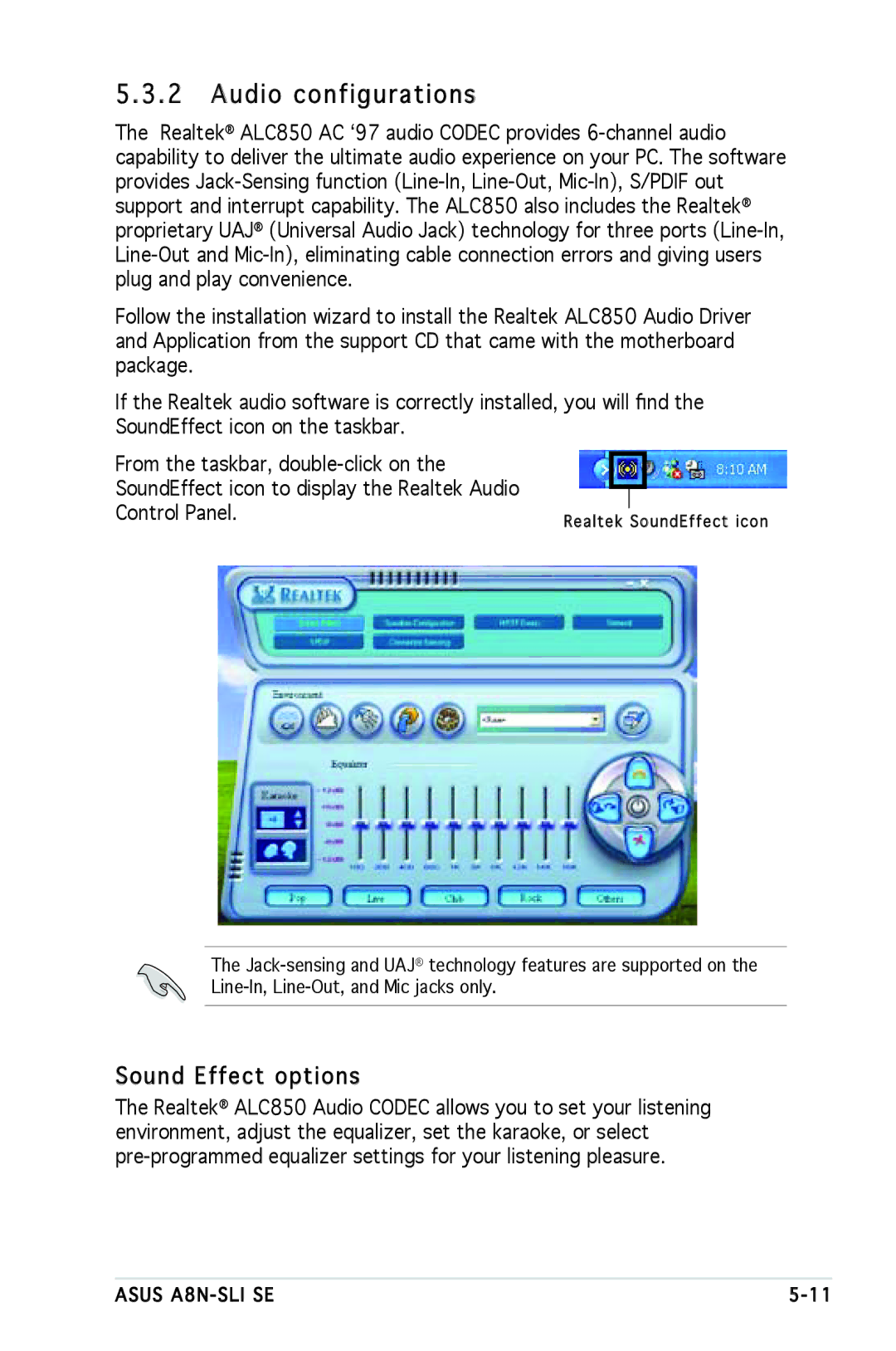 Asus A8N-SLI SE manual Audio configurations, Sound Effect options 