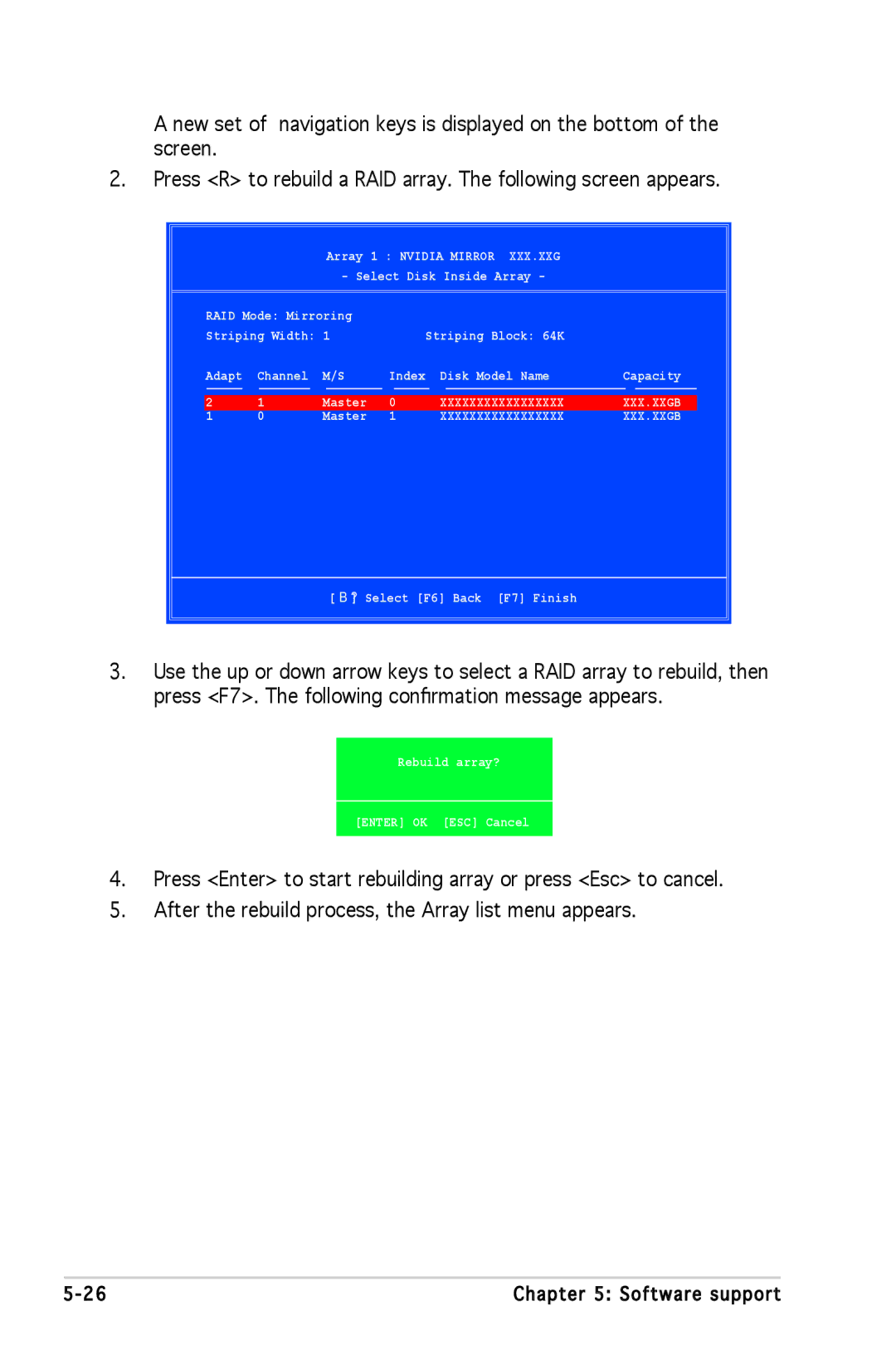 Asus A8N-SLI SE manual Capacity, ↑↓ Select F6 Back F7 Finish, Rebuild array? Enter OK ESC Cancel 