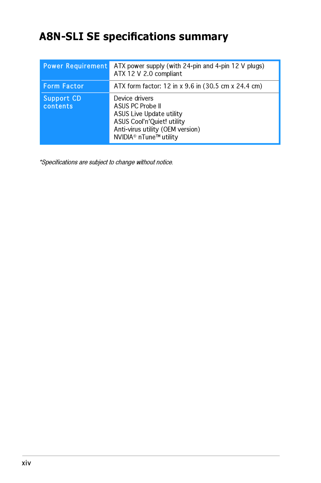 Asus A8N-SLI SE manual Speciﬁcations are subject to change without notice 