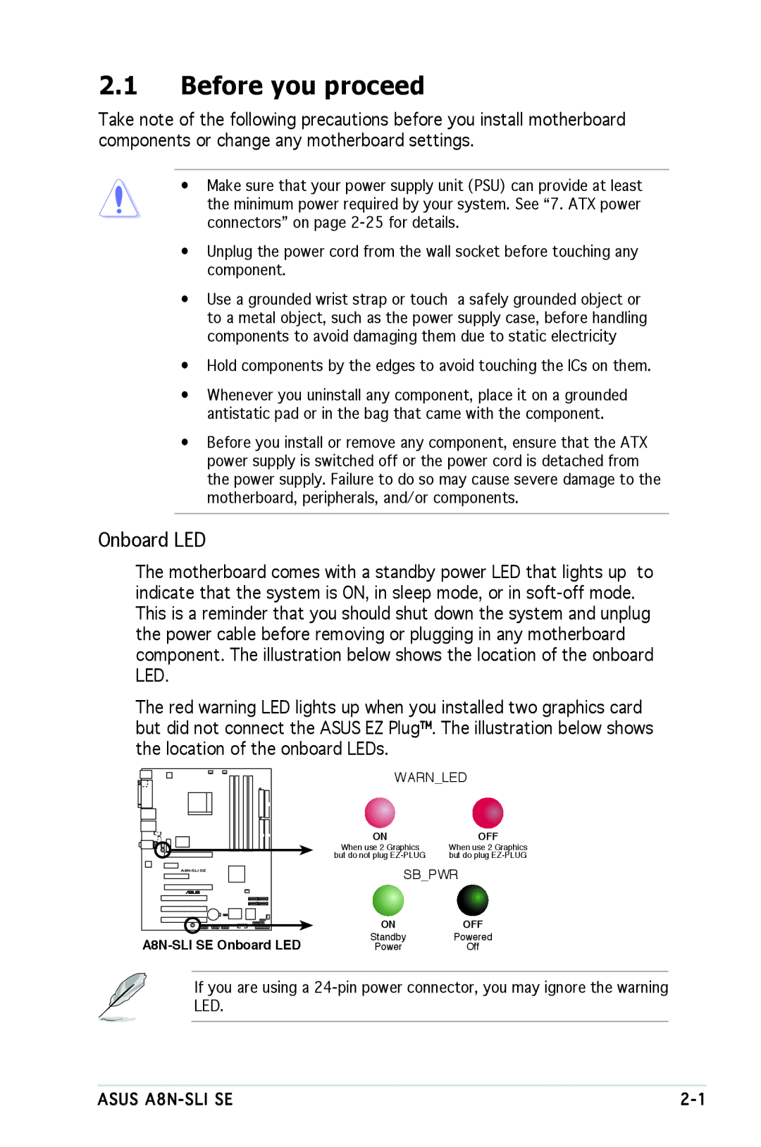 Asus A8N-SLI SE manual Before you proceed, Onboard LED 