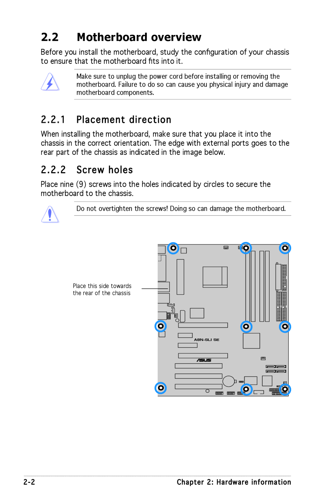 Asus A8N-SLI SE manual Motherboard overview, Placement direction, Screw holes 