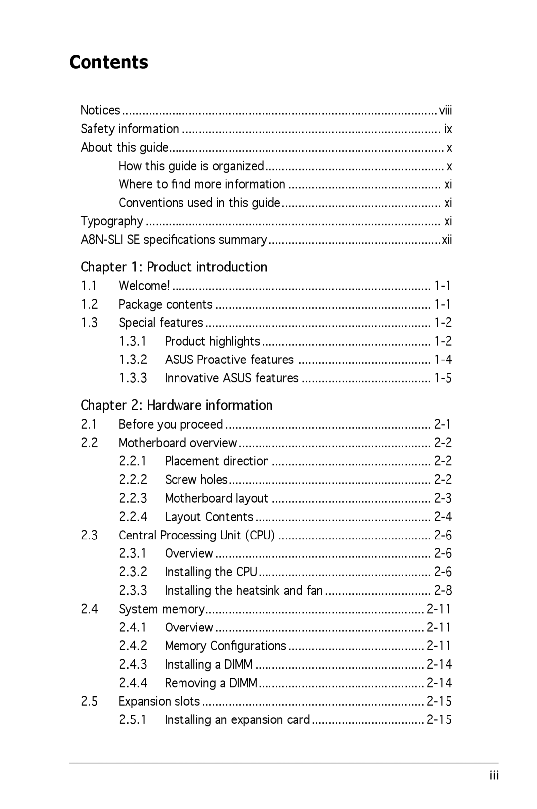 Asus A8N-SLI SE manual Contents 