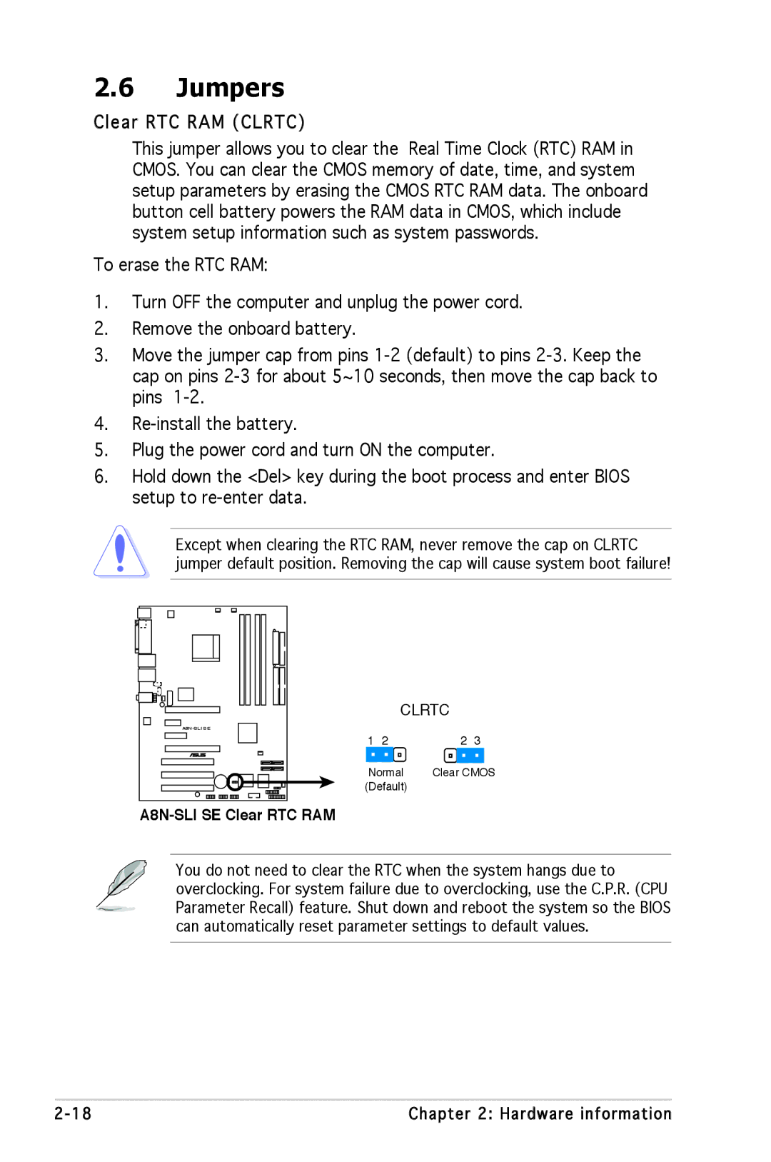 Asus A8N-SLI SE manual Jumpers, Clear RTC RAM Clrtc 