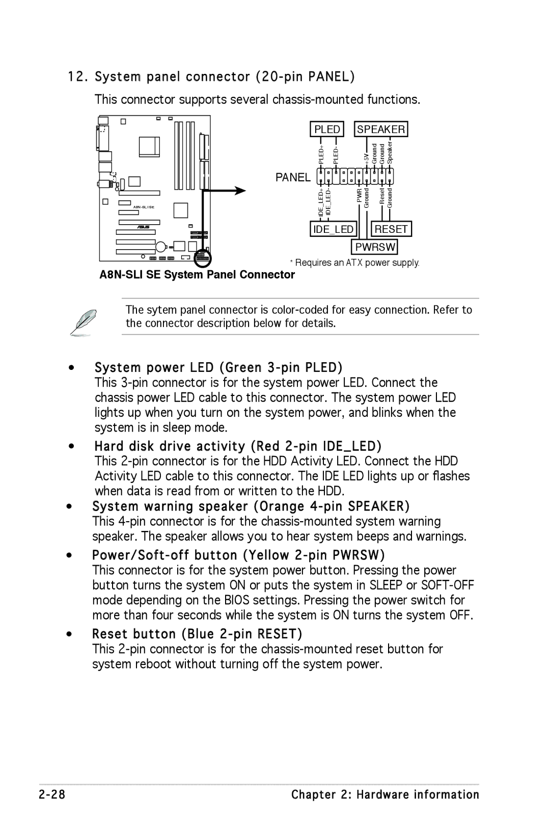 Asus A8N-SLI SE manual Power/Soft-off button Yellow 2-pin Pwrsw, Panel 