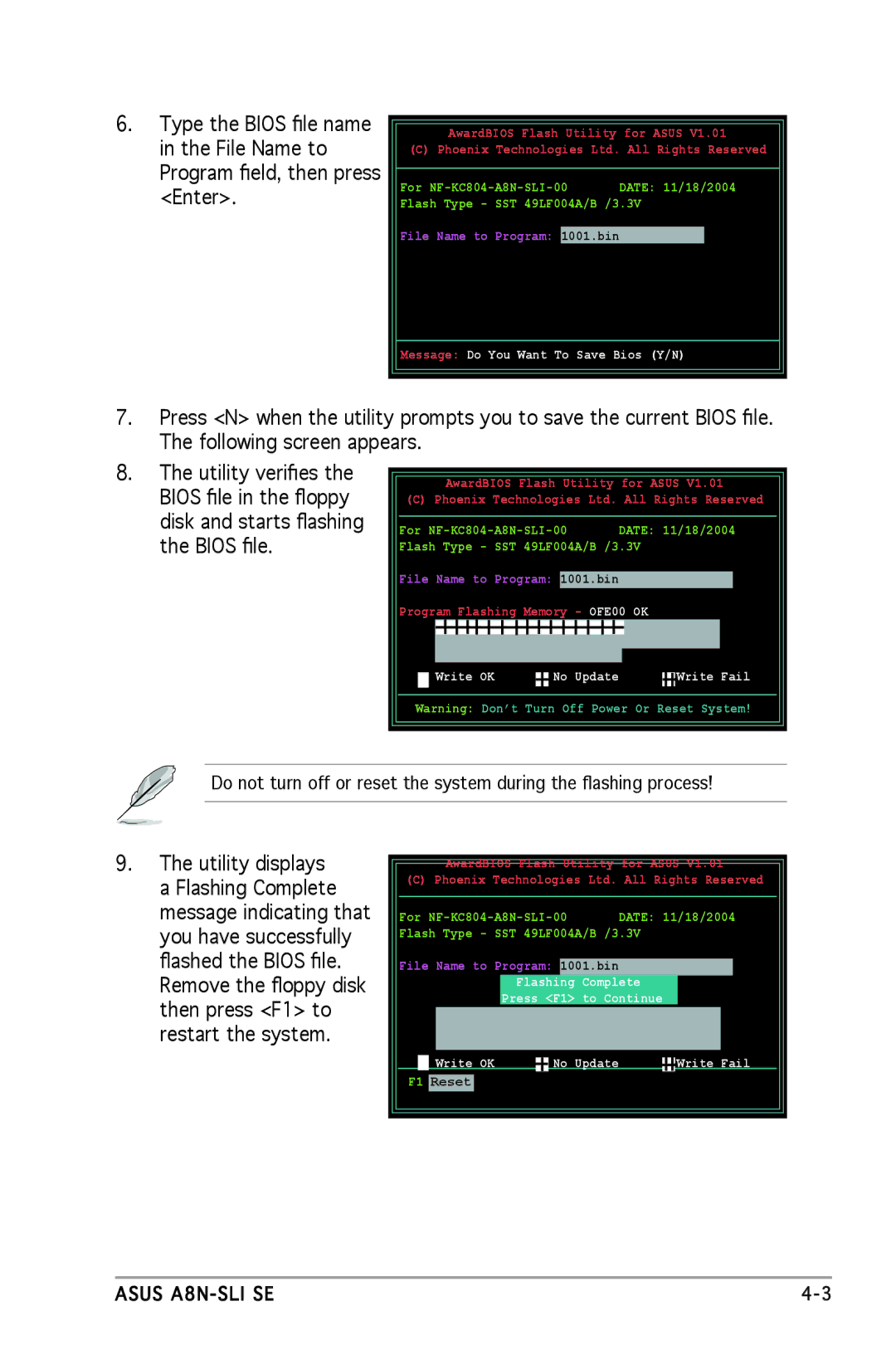 Asus A8N-SLI SE Message Do You Want To Save Bios Y/N, OFE00 OK, Update Write Fail, Flashing Complete, Press F1 to Continue 