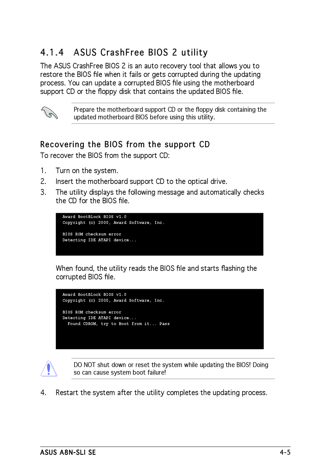 Asus A8N-SLI SE manual Asus CrashFree Bios 2 utility, Recovering the Bios from the support CD 