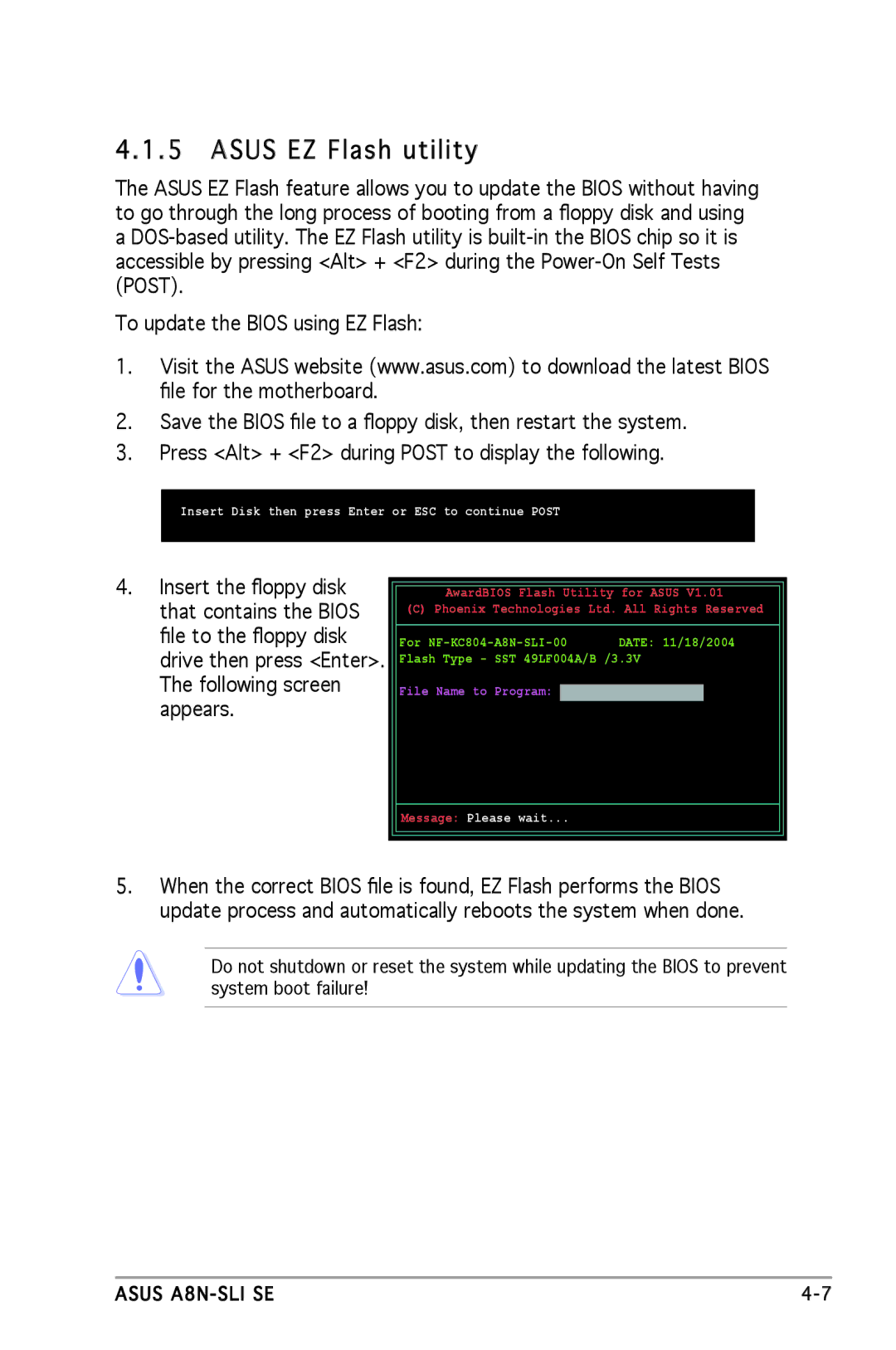 Asus A8N-SLI SE manual Asus EZ Flash utility, Insert Disk then press Enter or ESC to continue Post 