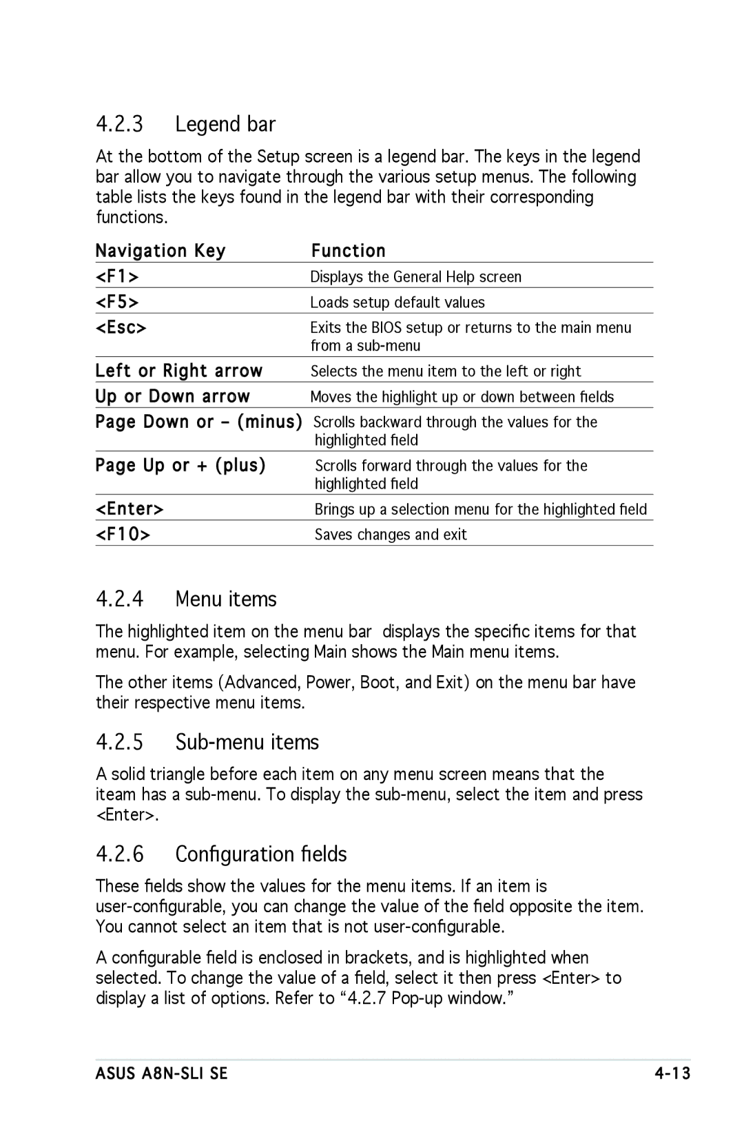 Asus A8N-SLI SE manual Menu items, Sub-menu items, 6 Conﬁguration ﬁelds 