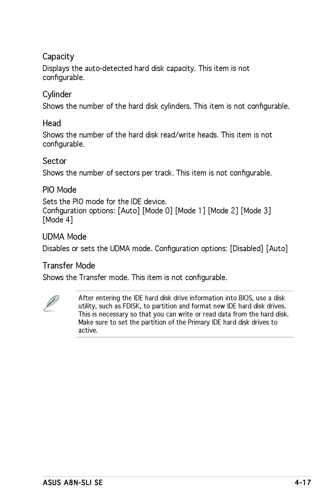 Asus A8N-SLI SE manual Capacity, Cylinder, Head, Sector, PIO Mode, Udma Mode, Transfer Mode 