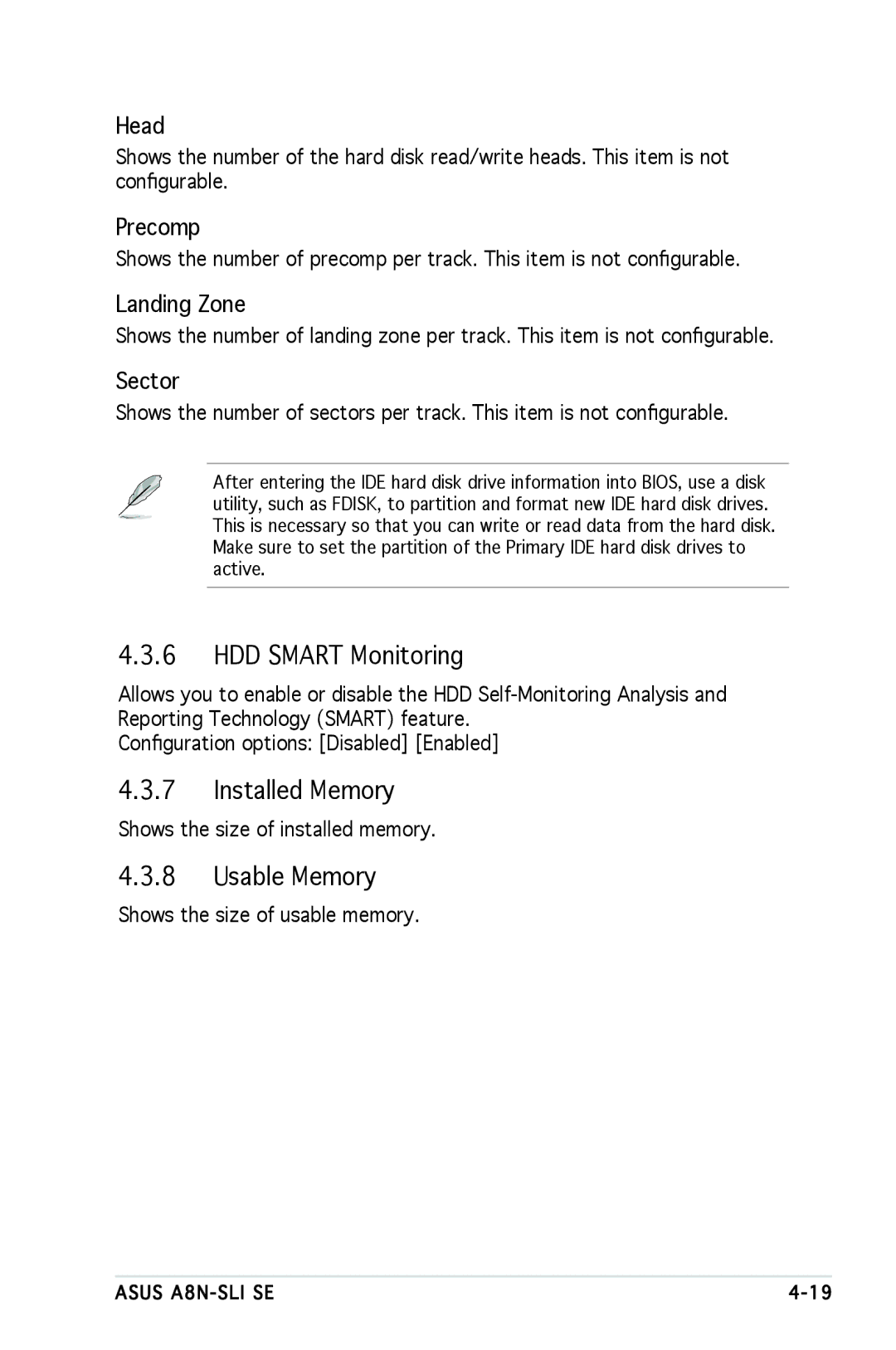 Asus A8N-SLI SE manual HDD Smart Monitoring, Installed Memory, Usable Memory, Precomp, Landing Zone 