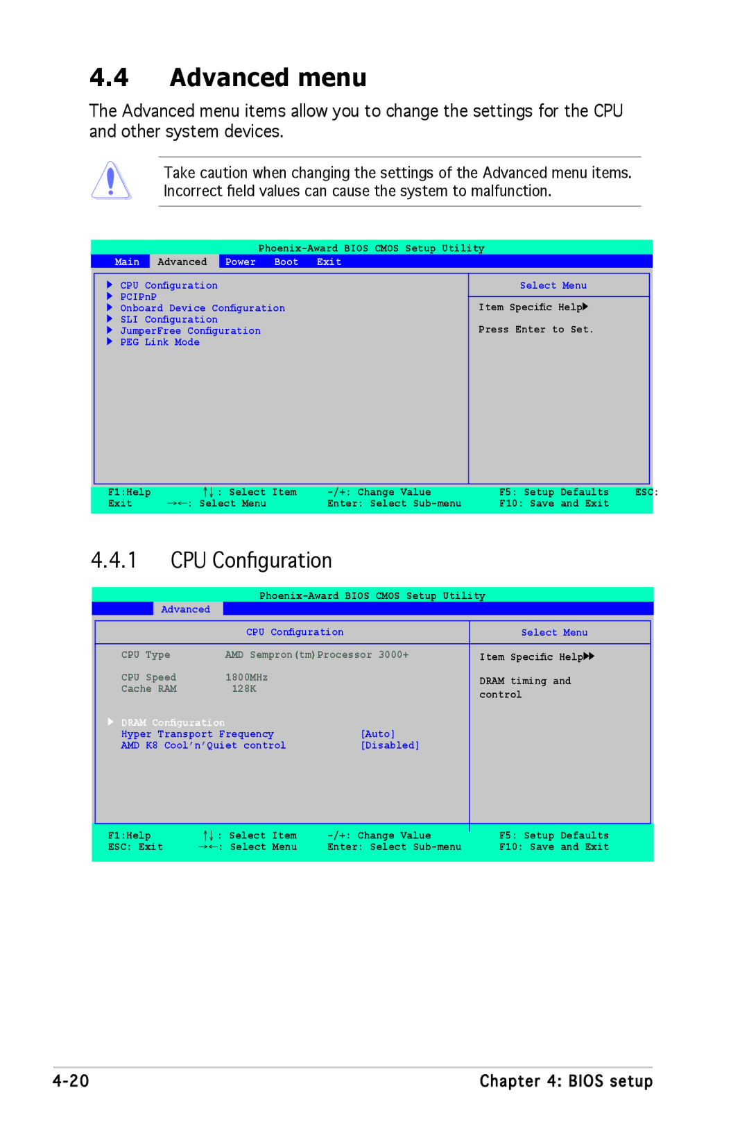 Asus A8N-SLI SE manual Advanced menu, CPU Conﬁguration, Main, Power Boot Exit 