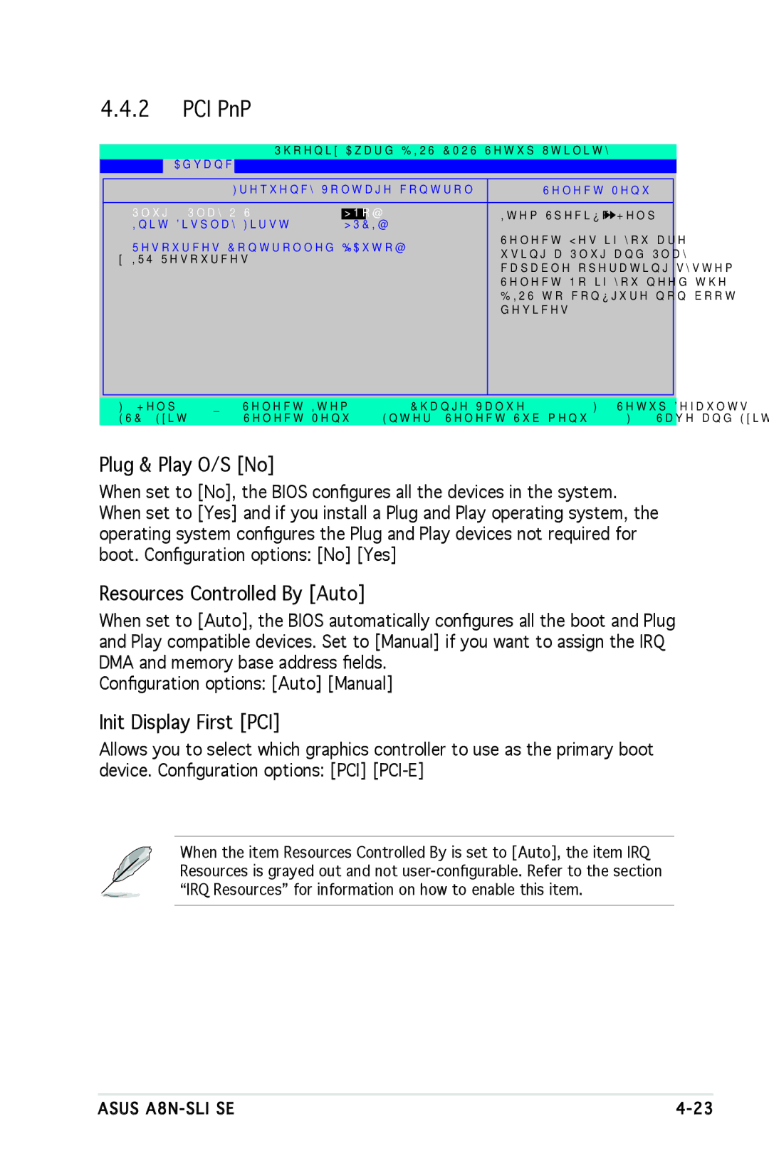 Asus A8N-SLI SE manual PCI PnP, Plug & Play O/S No, Resources Controlled By Auto, Init Display First PCI 