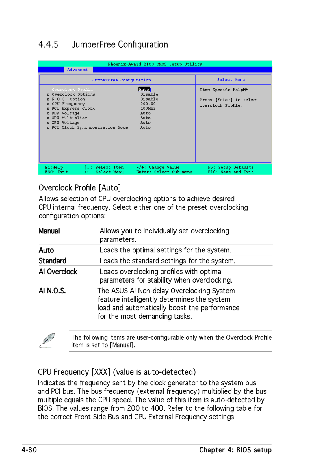 Asus A8N-SLI SE manual JumperFree Conﬁguration, Overclock Proﬁle Auto, CPU Frequency XXX value is auto-detected 