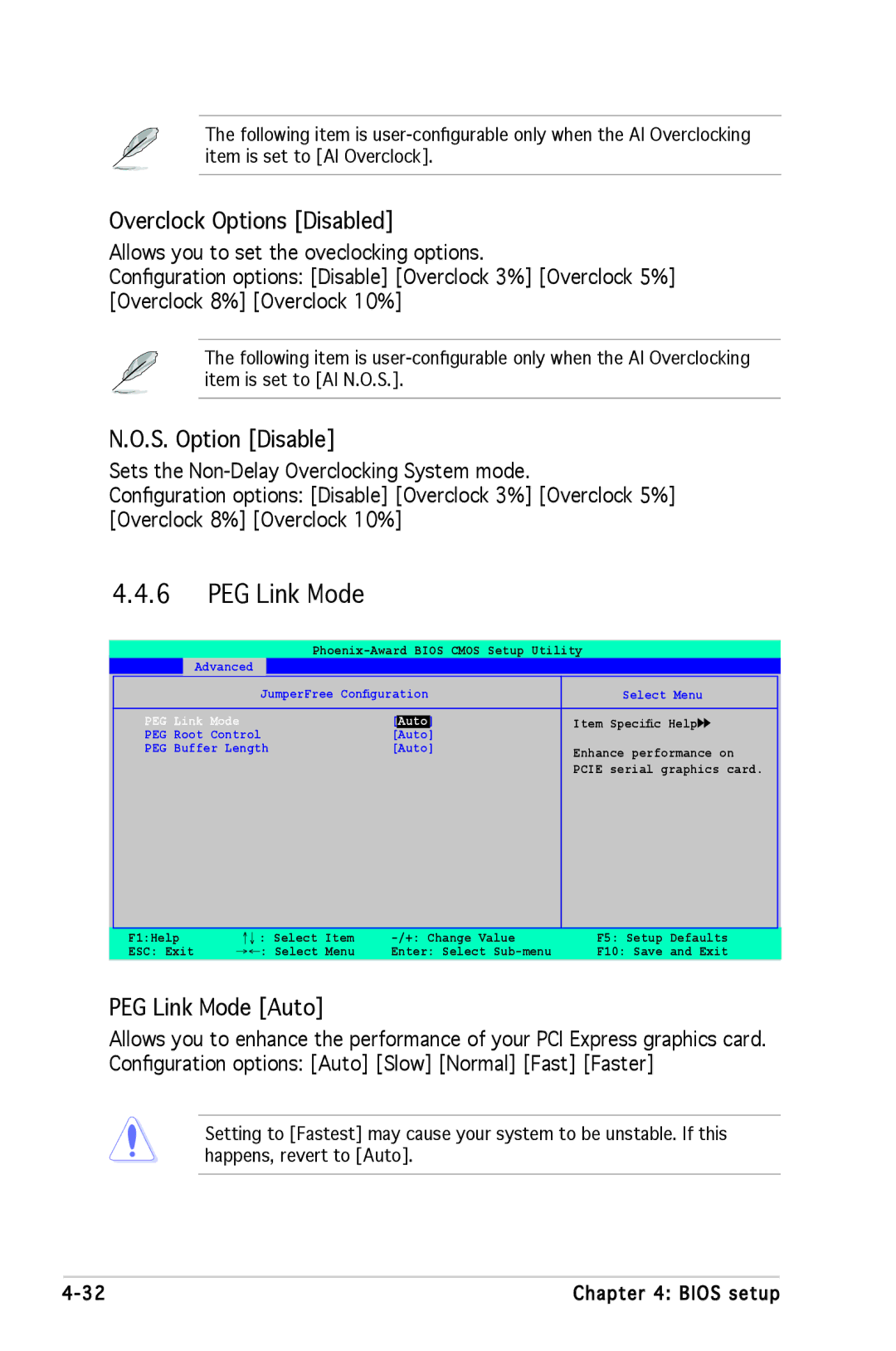 Asus A8N-SLI SE manual Overclock Options Disabled, S. Option Disable, PEG Link Mode Auto 