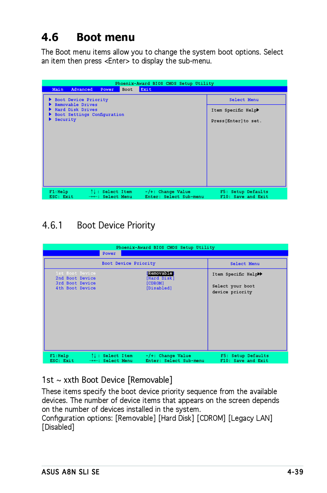 Asus A8N-SLI SE manual Boot menu, Boot Device Priority, 1st ~ xxth Boot Device Removable, Main Advanced Power 