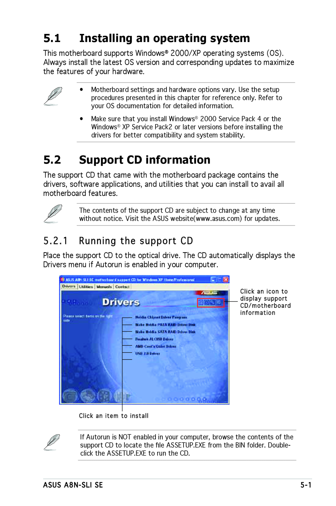 Asus A8N-SLI SE manual Installing an operating system, Support CD information, Running the support CD 