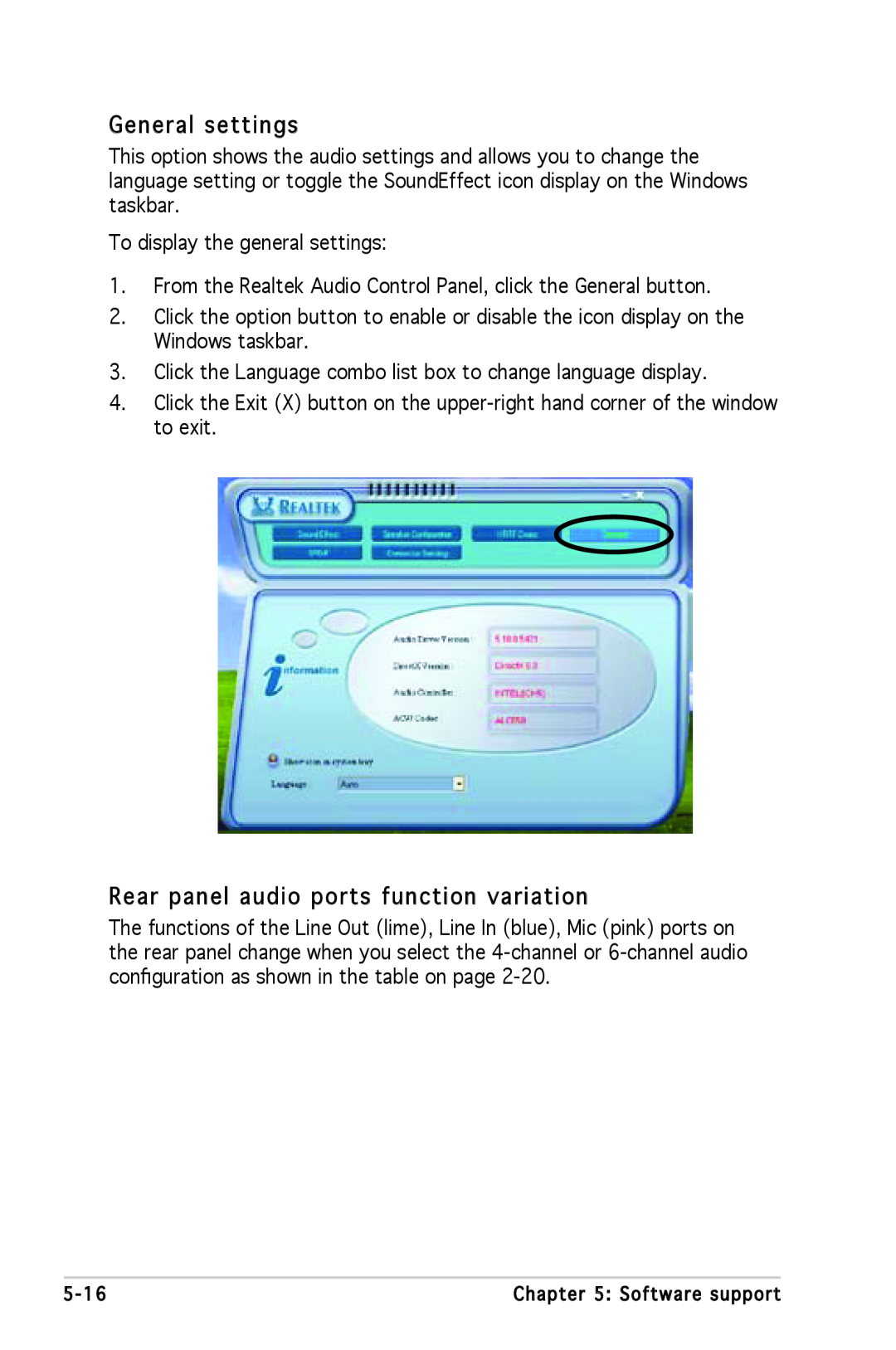 Asus A8N-SLI SE manual General settings, Rear panel audio ports function variation 