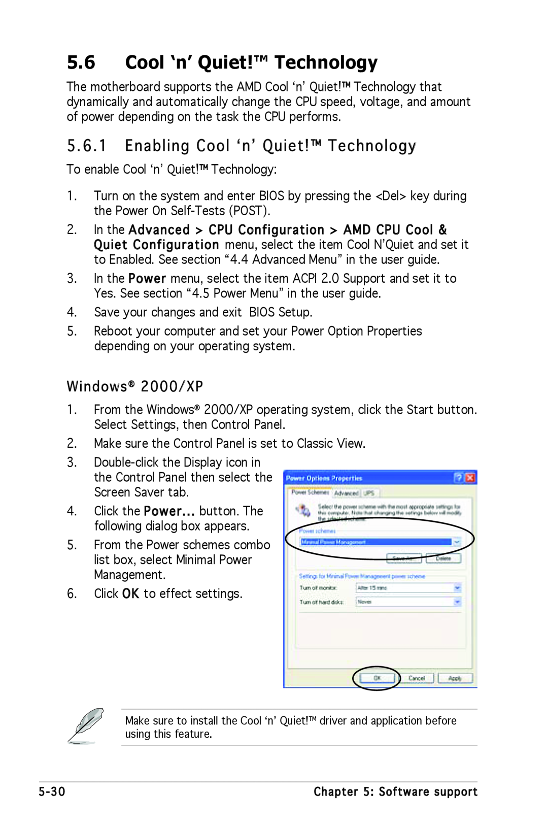 Asus A8N-SLI SE manual Cool ‘n’ Quiet! Technology, Enabling Cool ʻnʼ Quiet! Technology, Windows 2000/XP 