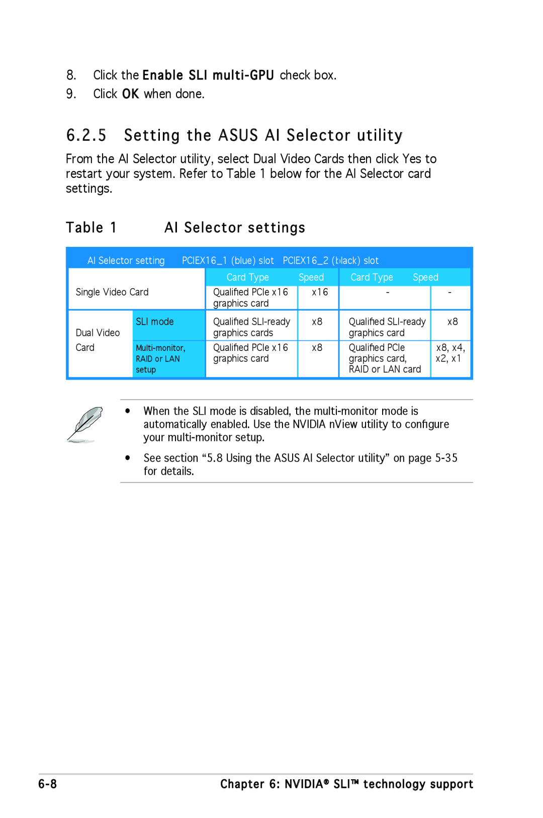 Asus A8N-SLI SE manual Setting the ASUS AI Selector utility, AI Selector settings 