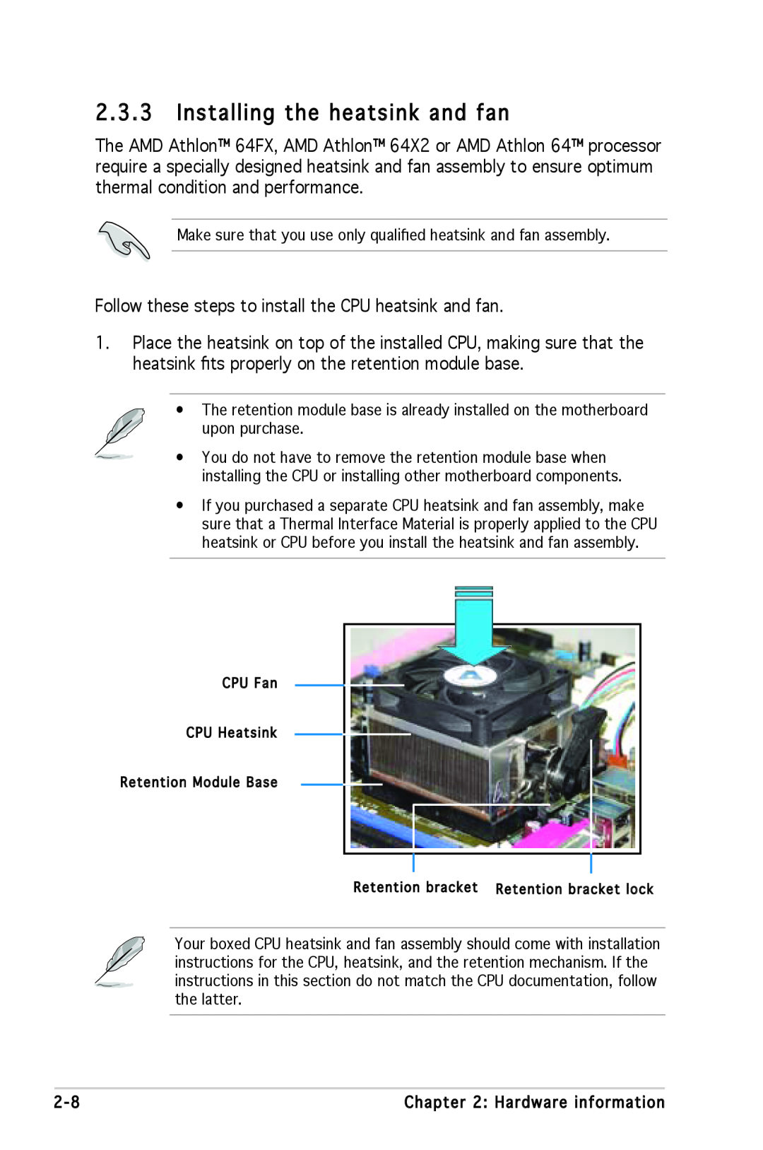Asus A8N-SLI SE manual Installing the heatsink and fan 