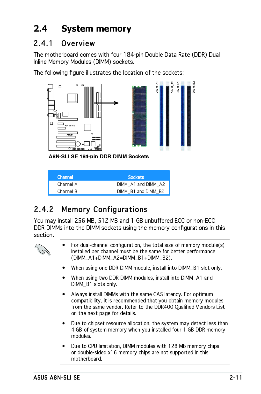 Asus A8N-SLI SE manual System memory, Overview, Memory Configurations 