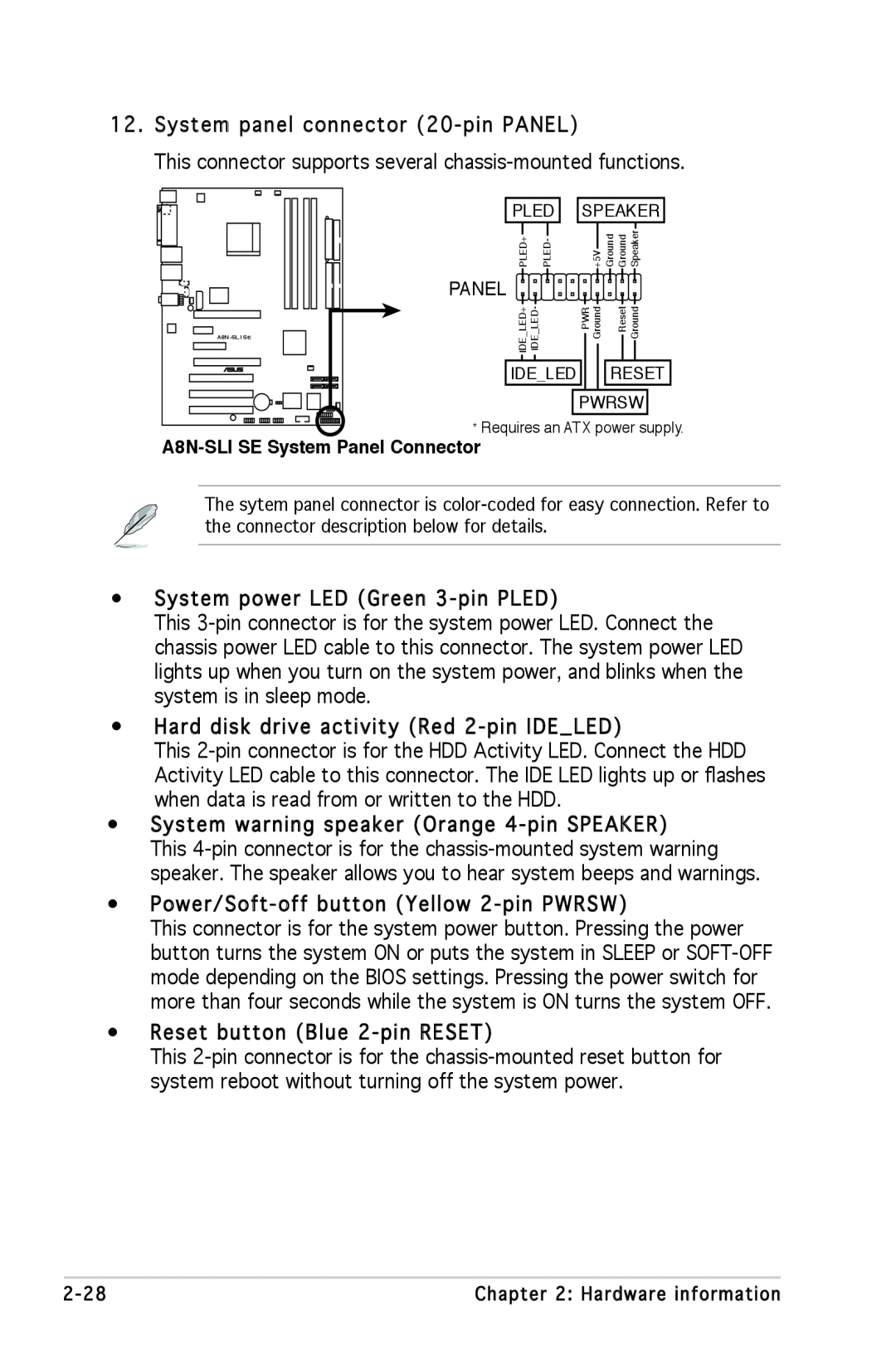 Asus A8N-SLI SE manual System panel connector 20-pin PANEL 