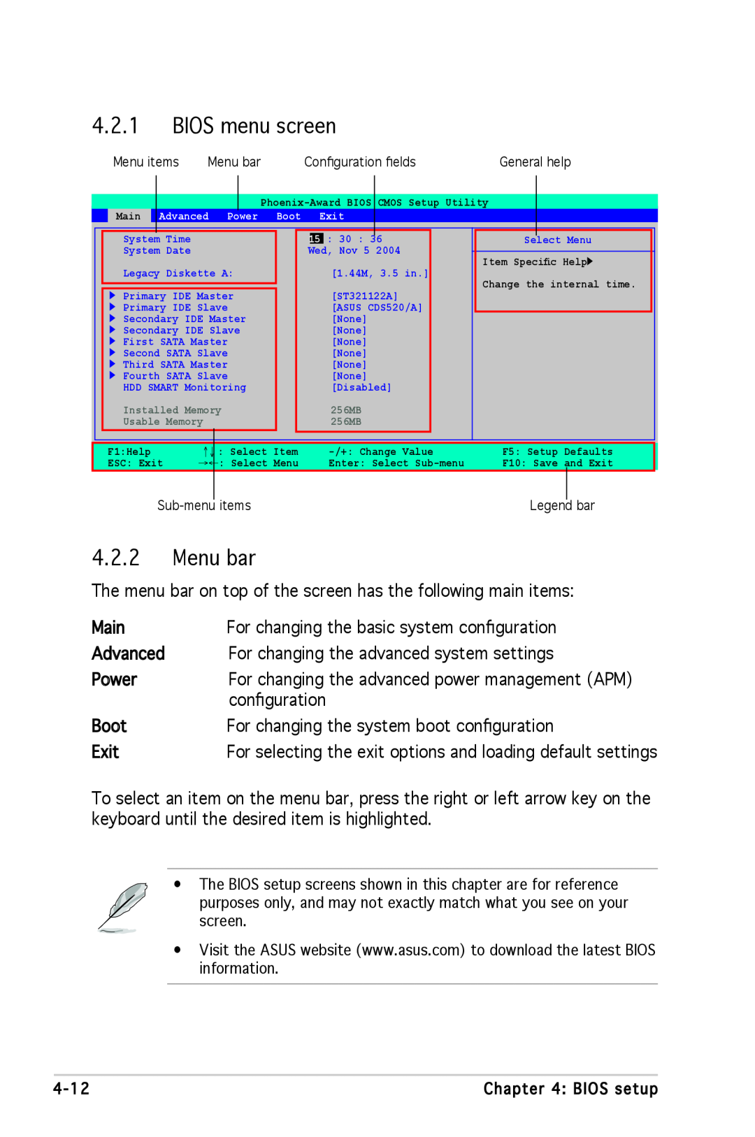 Asus A8N-SLI SE manual BIOS menu screen, Menu bar 