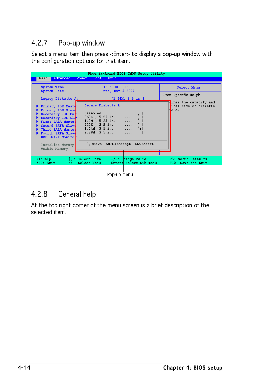 Asus A8N-SLI SE manual Pop-up window, General help, Pop-up menu 