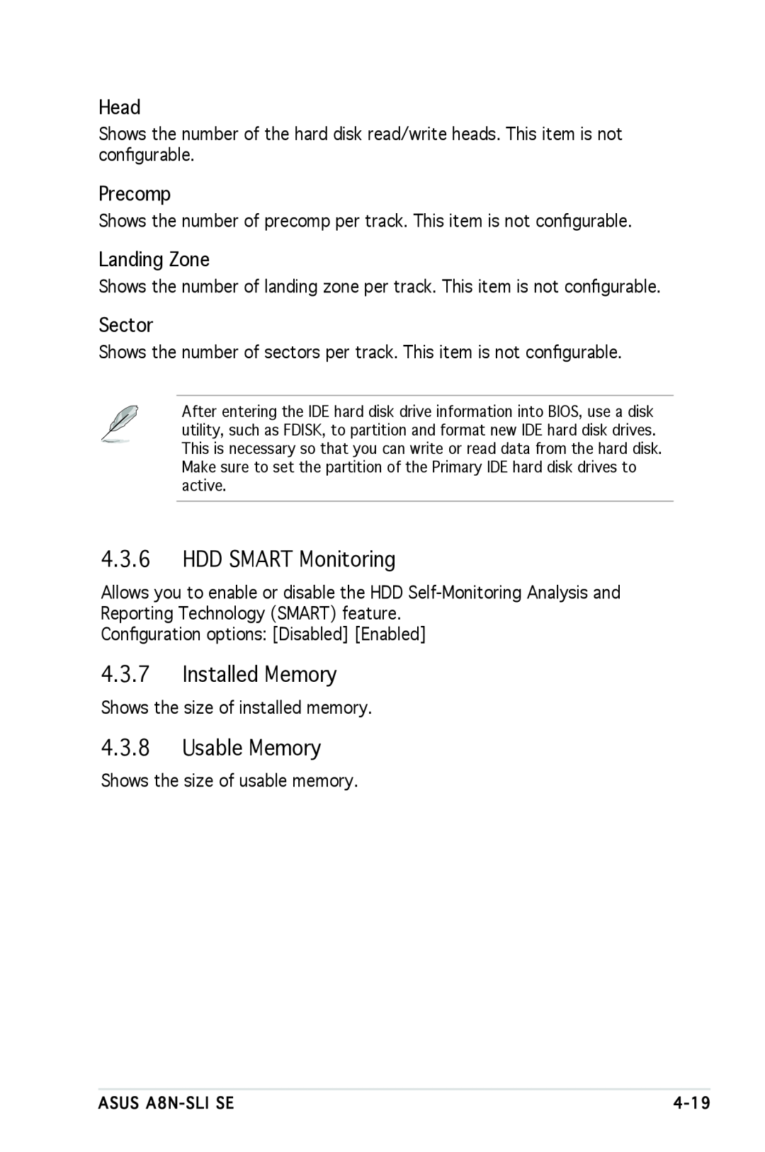 Asus A8N-SLI SE manual HDD SMART Monitoring, Installed Memory, Usable Memory, Precomp, Landing Zone, Head, Sector 