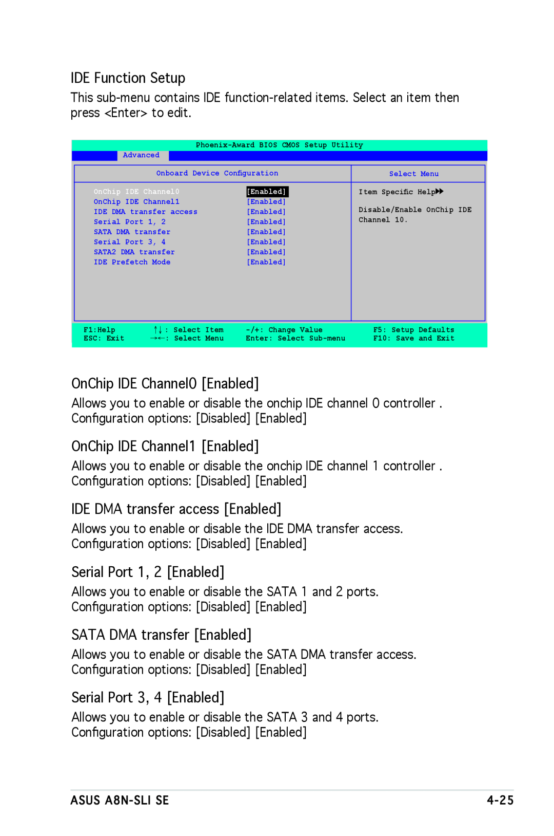 Asus A8N-SLI SE IDE Function Setup, OnChip IDE Channel0 Enabled, OnChip IDE Channel1 Enabled, Serial Port 1, 2 Enabled 