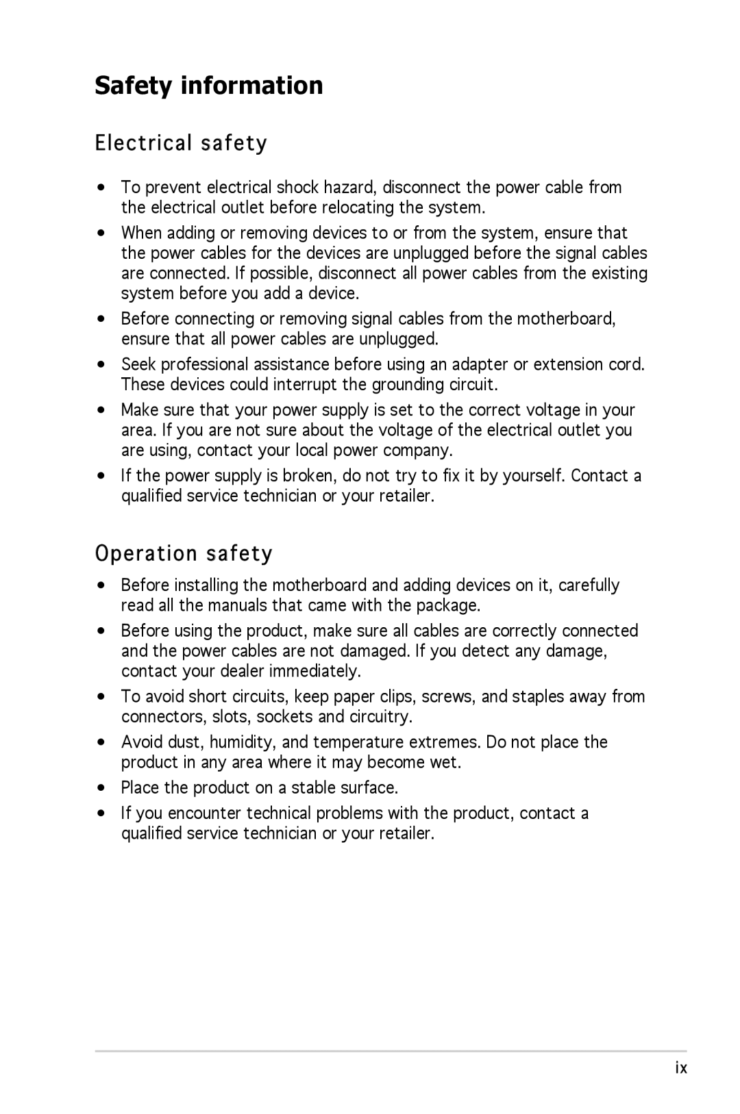 Asus A8N-SLI SE manual Safety information, Electrical safety, Operation safety 