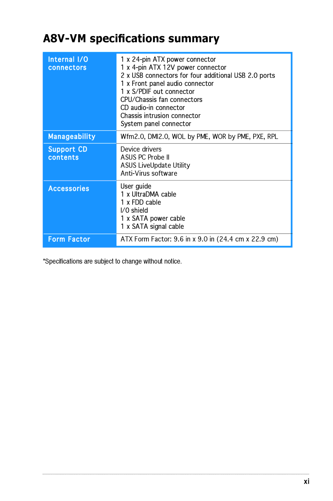 Asus manual A8V-VM specifications summary 