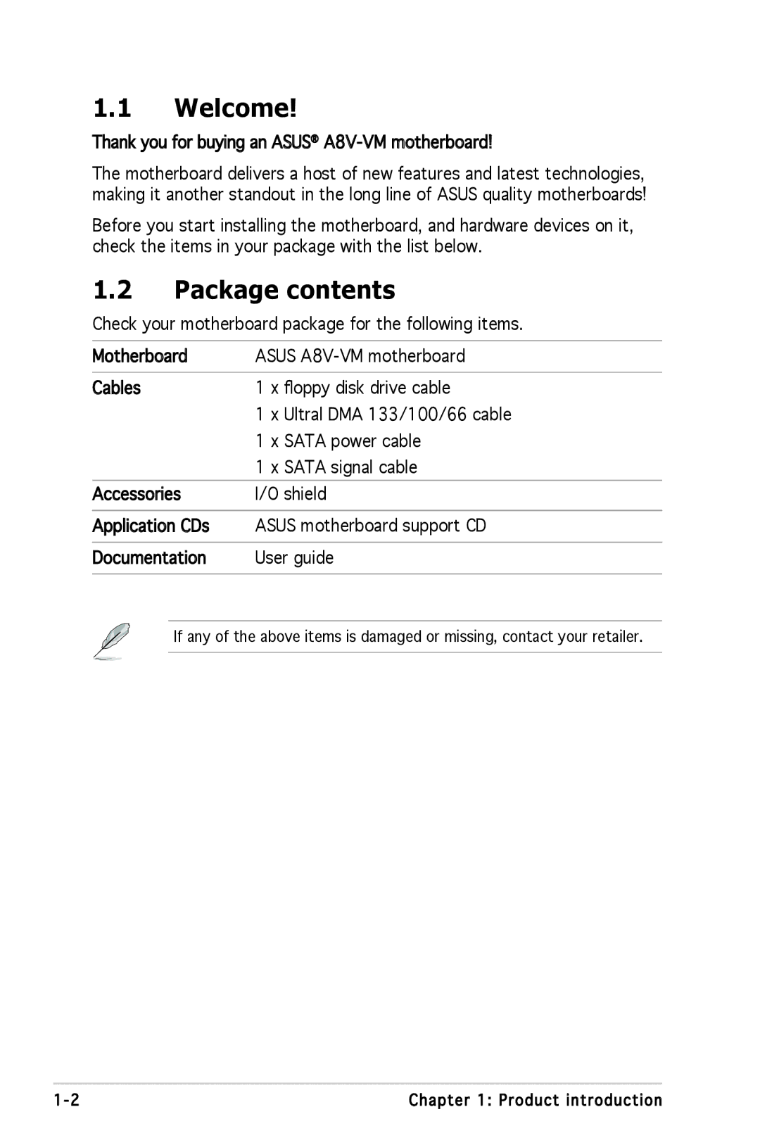 Asus A8V-VM manual Welcome, Package contents 