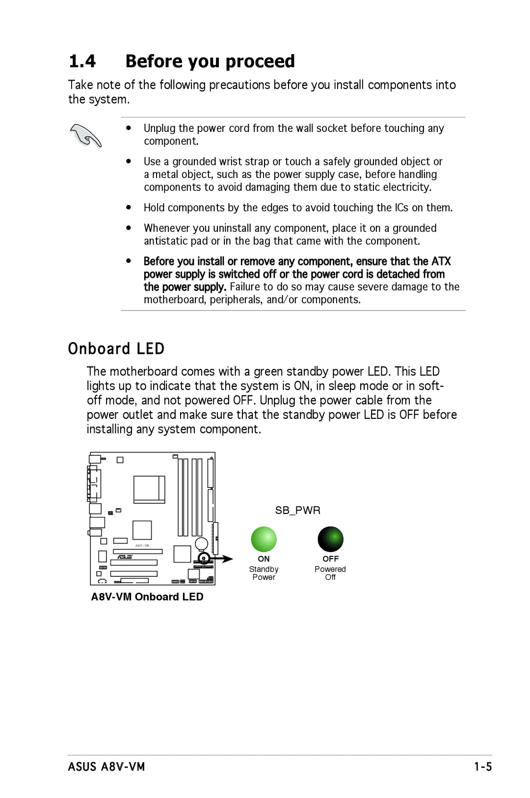 Asus A8V-VM manual Before you proceed, Onboard LED 