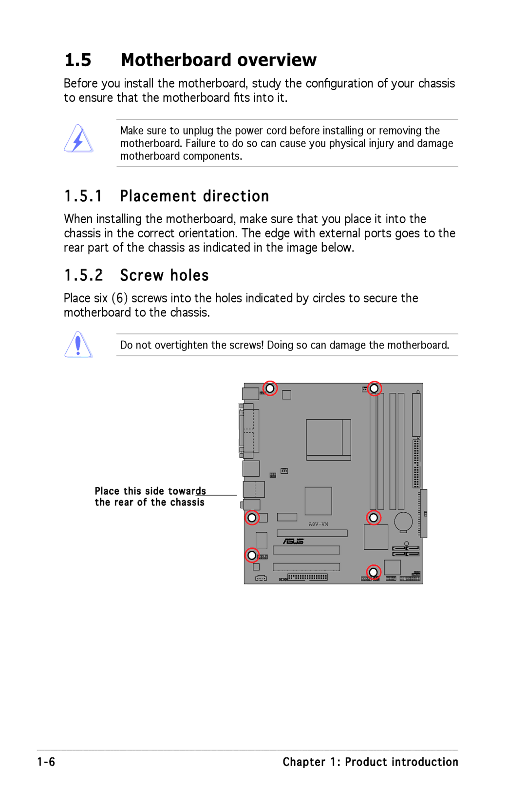 Asus A8V-VM manual Motherboard overview, Placement direction, Screw holes 