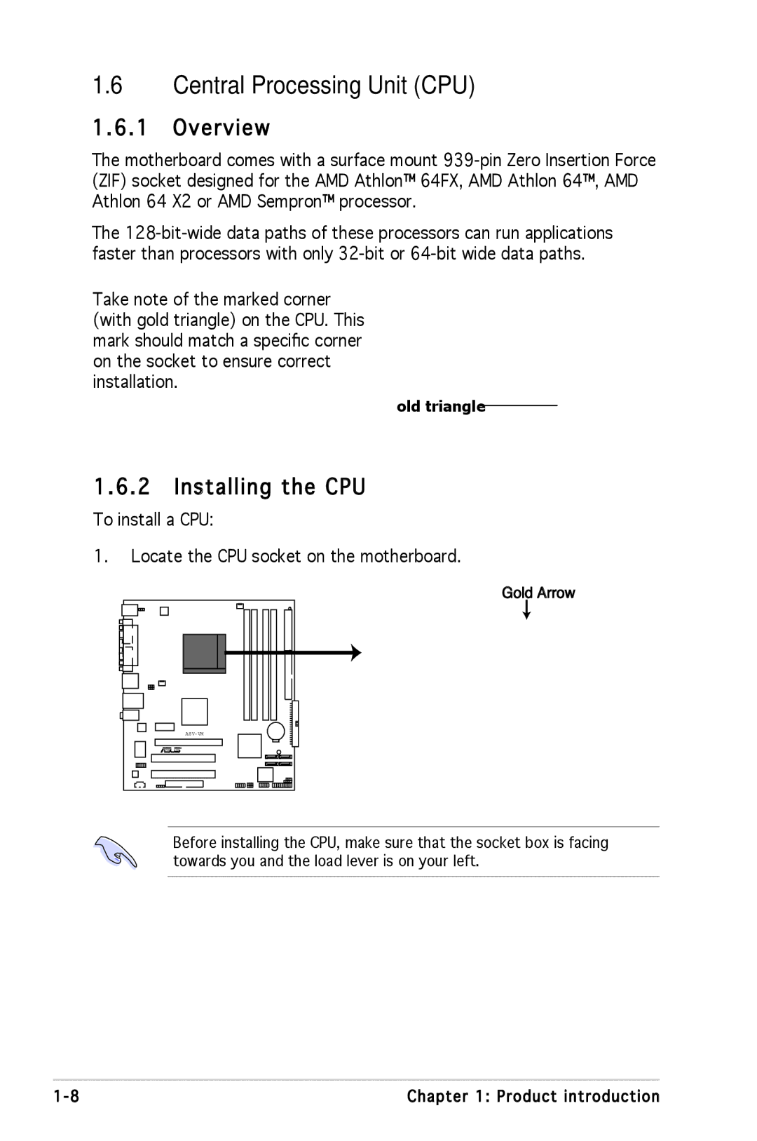 Asus A8V-VM manual Central Processing Unit CPU, Overview, Installing the CPU 