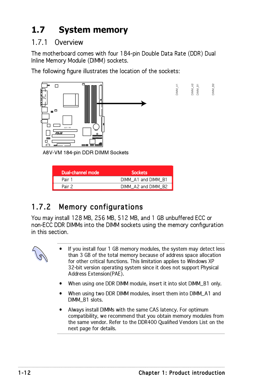 Asus A8V-VM manual System memory, Memory configurations 