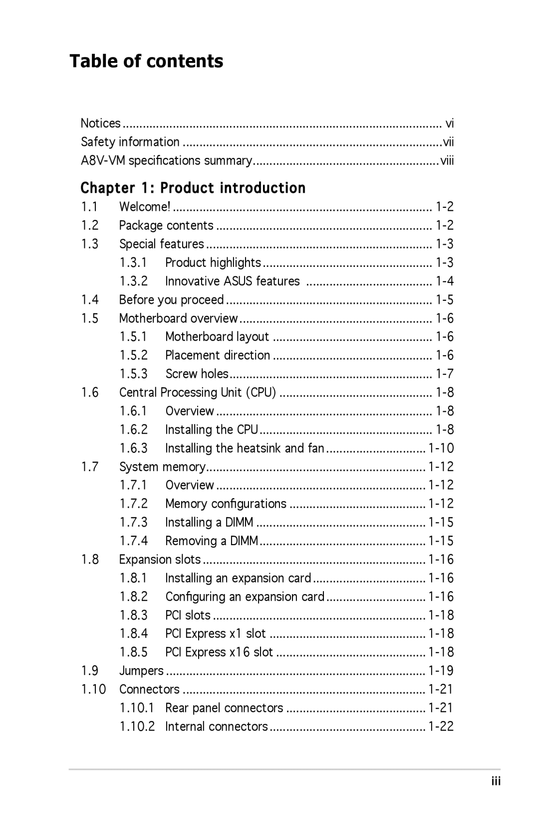 Asus A8V-VM manual Table of contents 