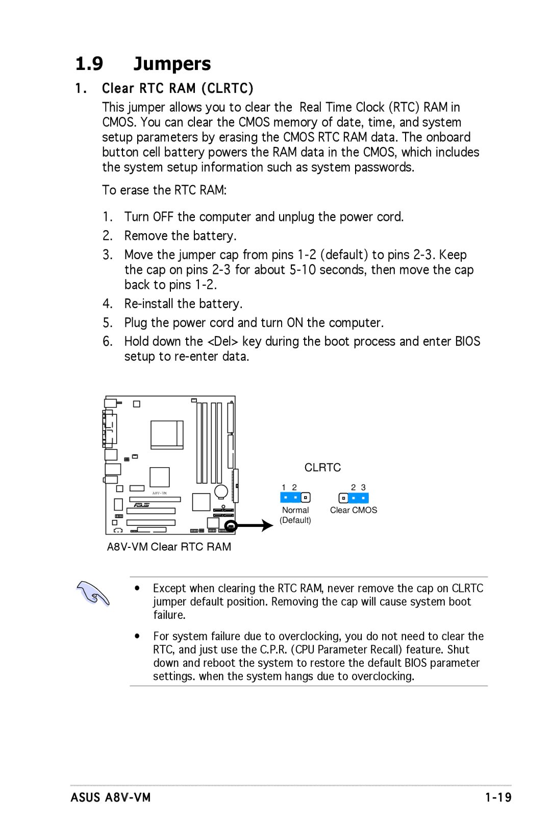 Asus A8V-VM manual Jumpers, Clear RTC RAM Clrtc 