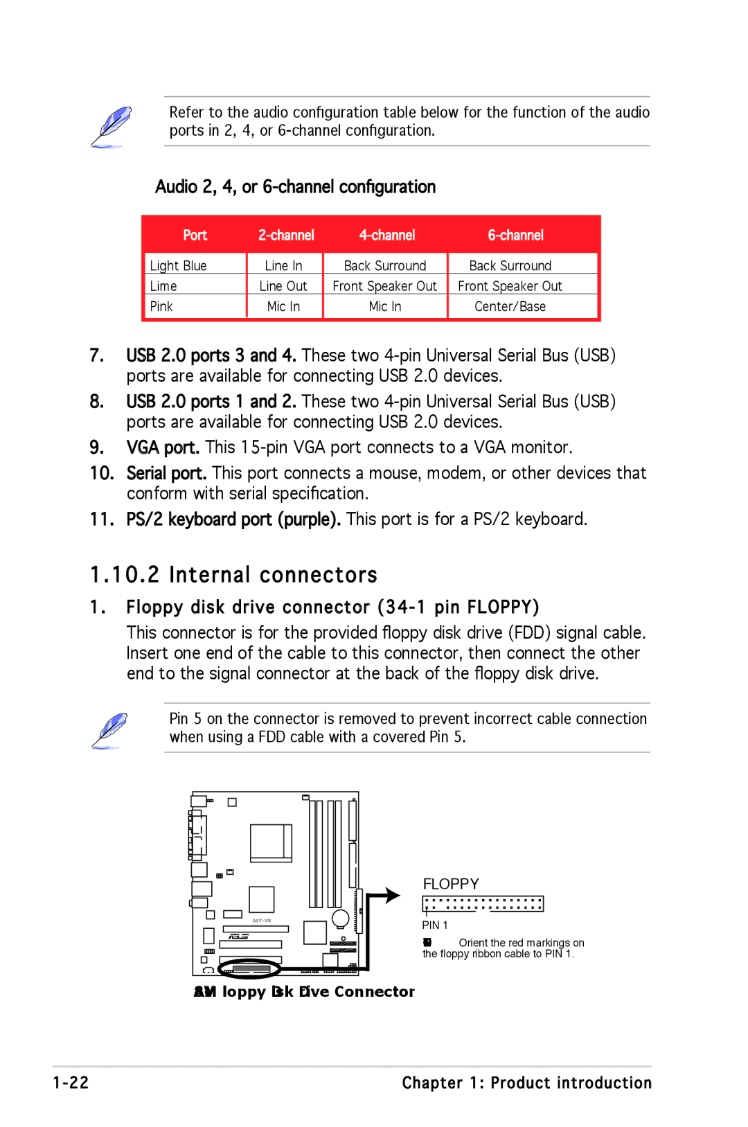 Asus A8V-VM manual Internal connectors, Audio 2, 4, or 6-channel configuration 