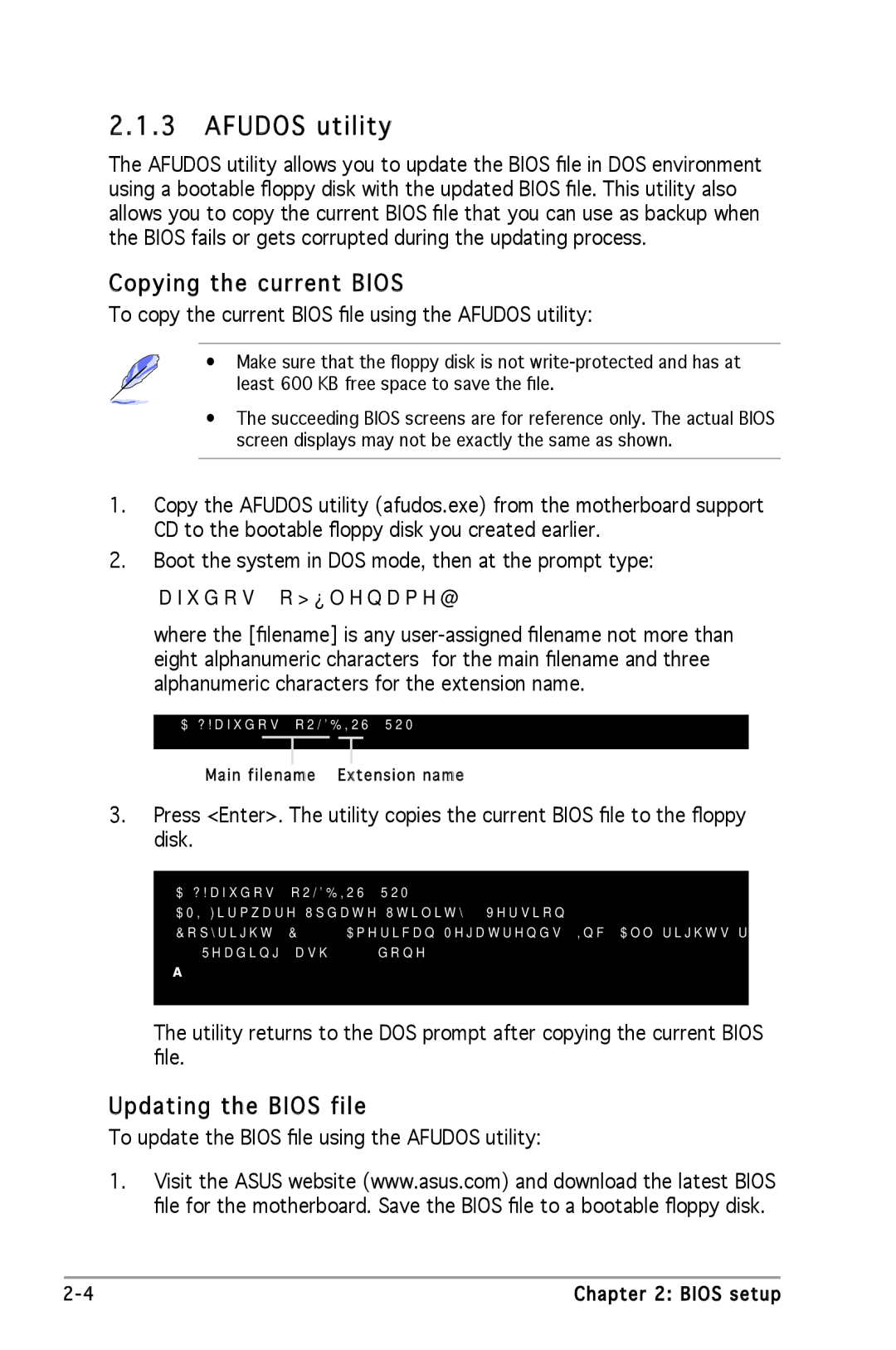 Asus A8V-VM manual Afudos utility, Copying the current Bios, Updating the Bios file 