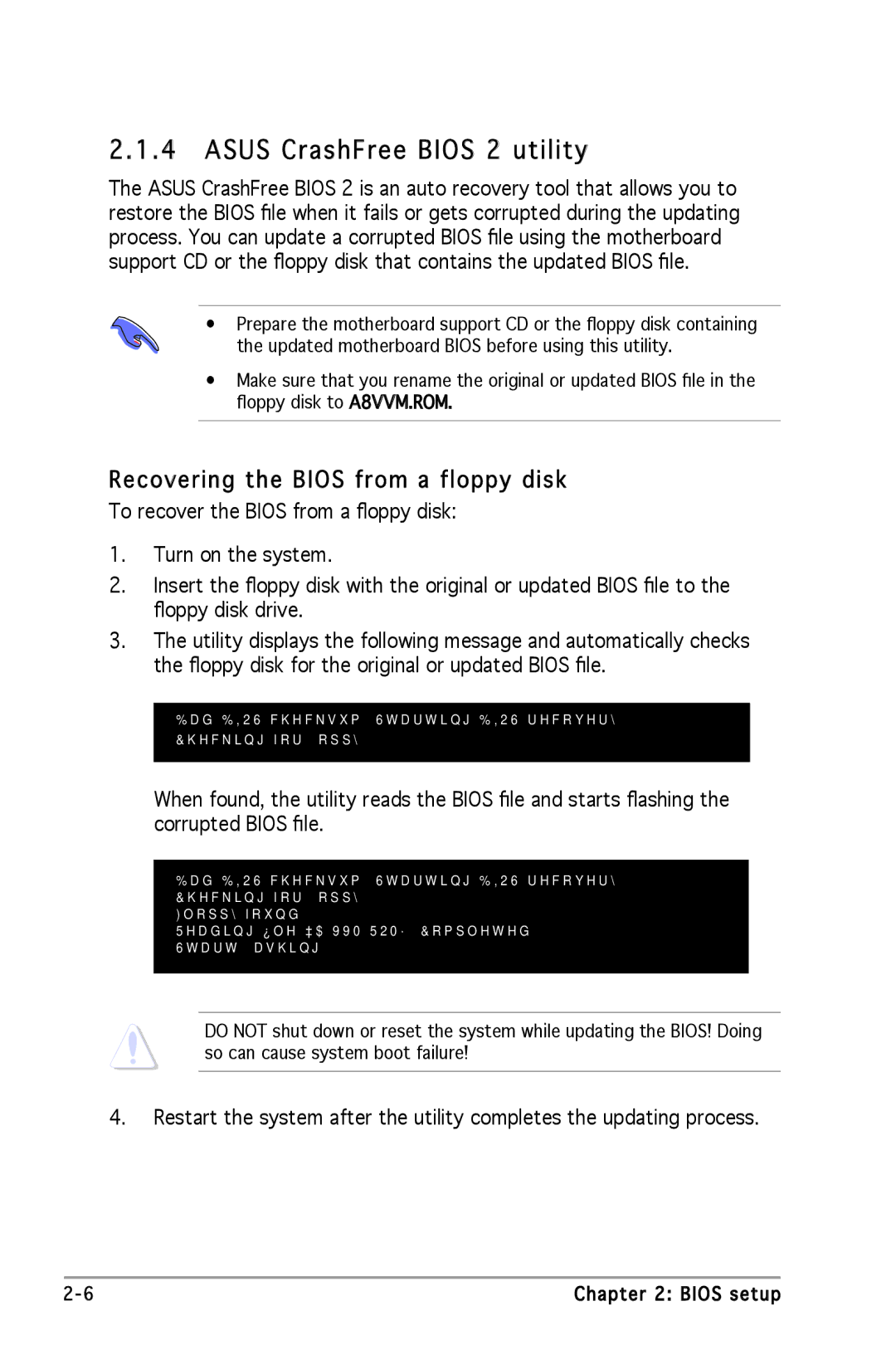 Asus A8V-VM manual Asus CrashFree Bios 2 utility, Recovering the Bios from a floppy disk 