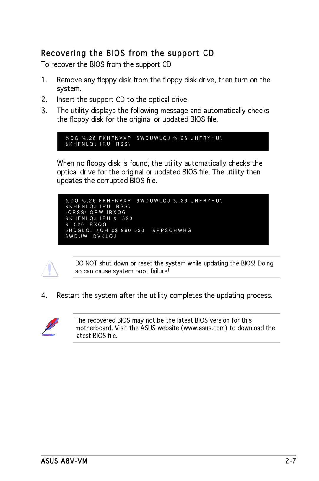 Asus A8V-VM manual Recovering the Bios from the support CD 