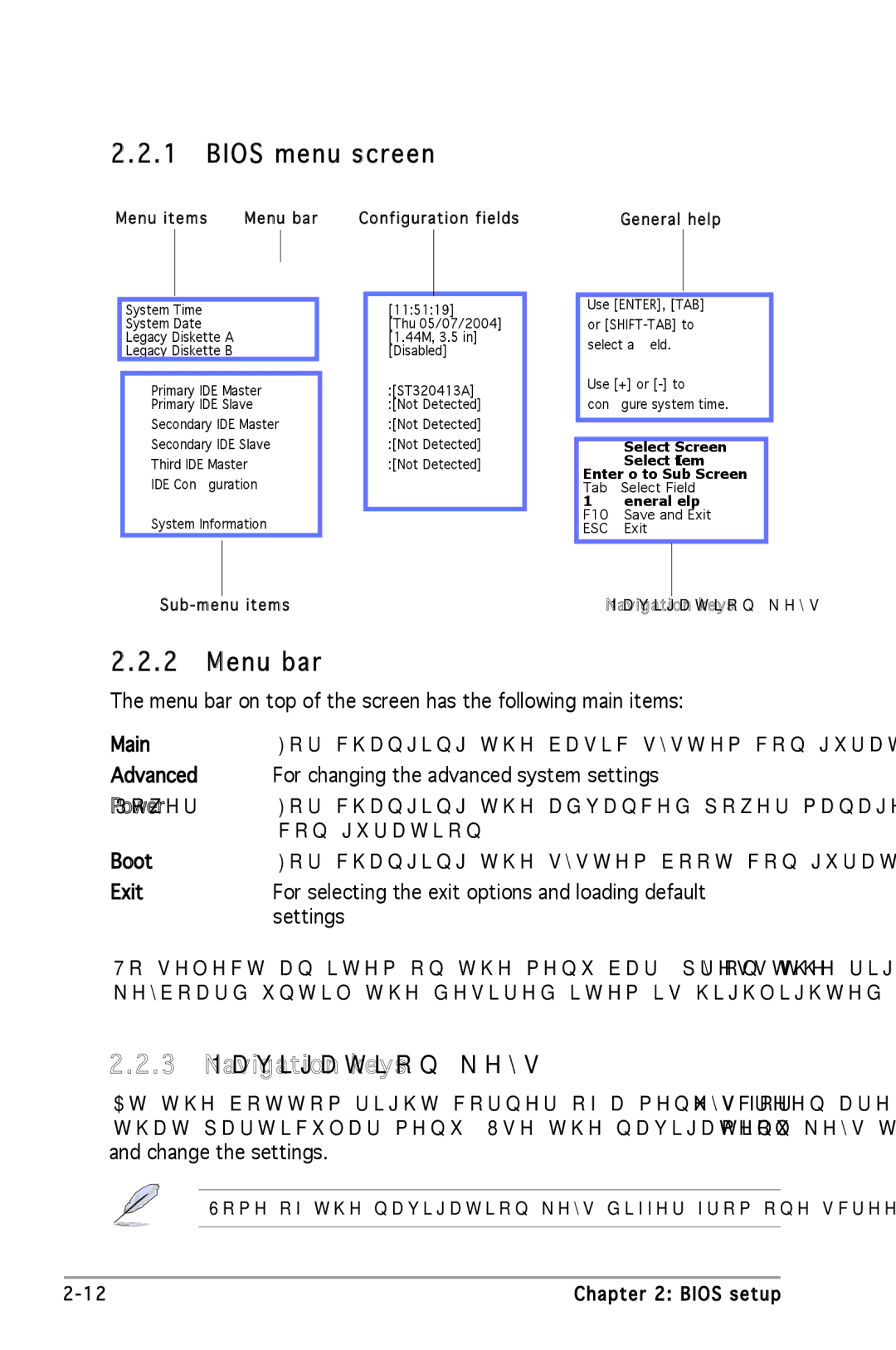 Asus A8V-VM manual Bios menu screen, Menu bar, Navigation keys, Configuration 