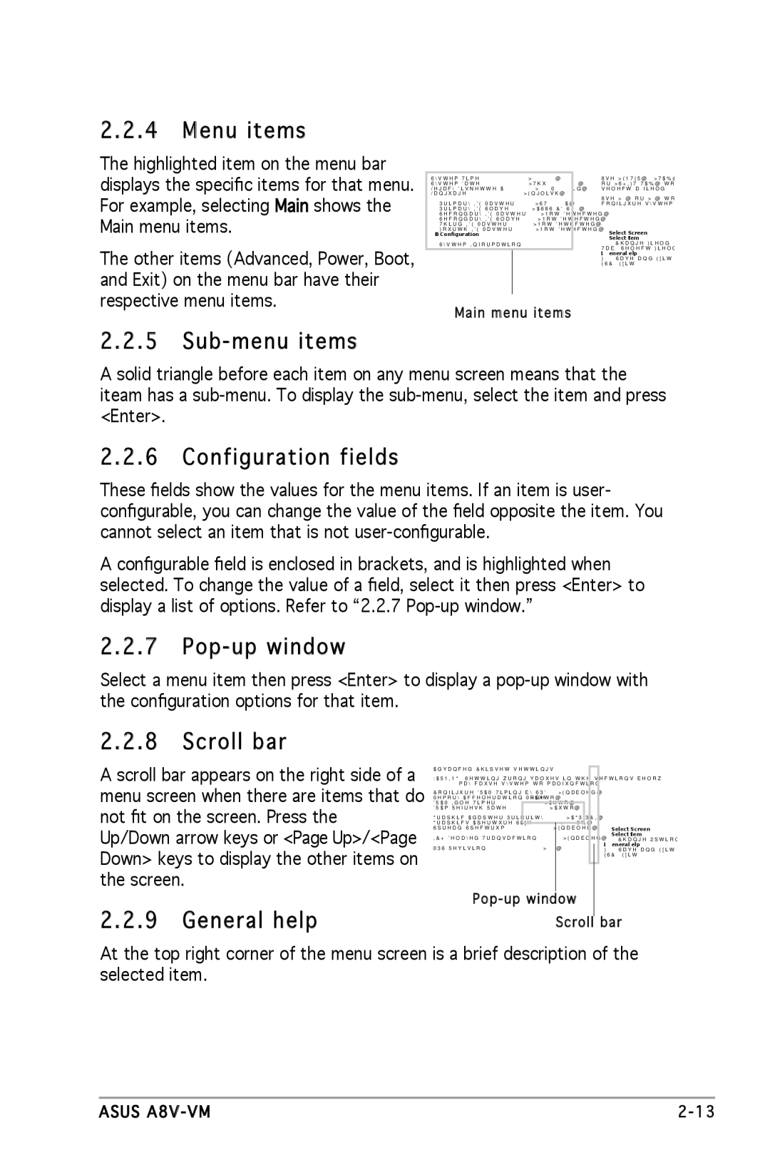 Asus A8V-VM manual Menu items, Sub-menu items, Configuration fields, Pop-up window, Scroll bar, General help 