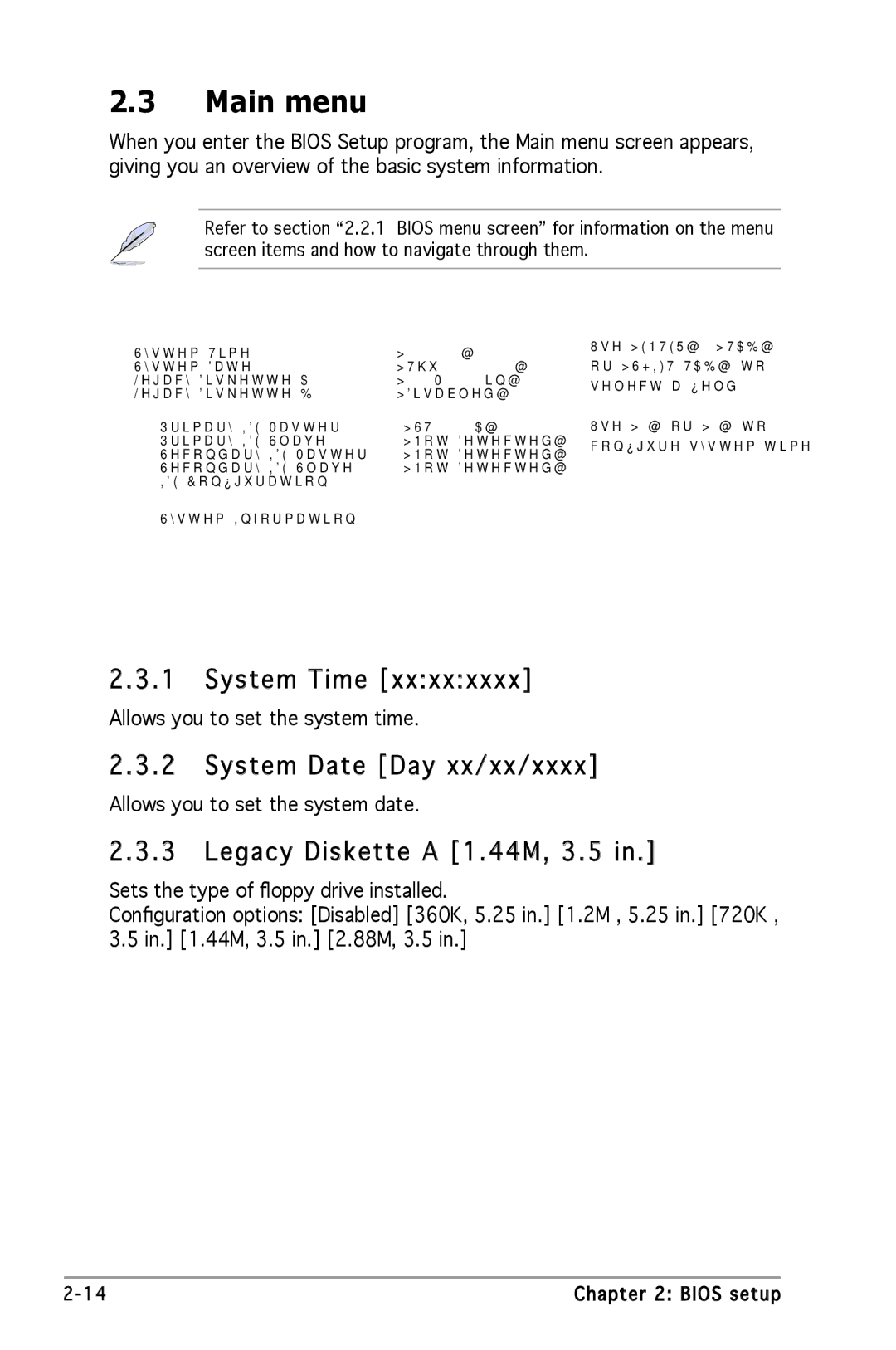 Asus A8V-VM manual Main menu, System Time, System Date Day xx/xx/xxxx, Legacy Diskette a 1 .44M, 3.5 