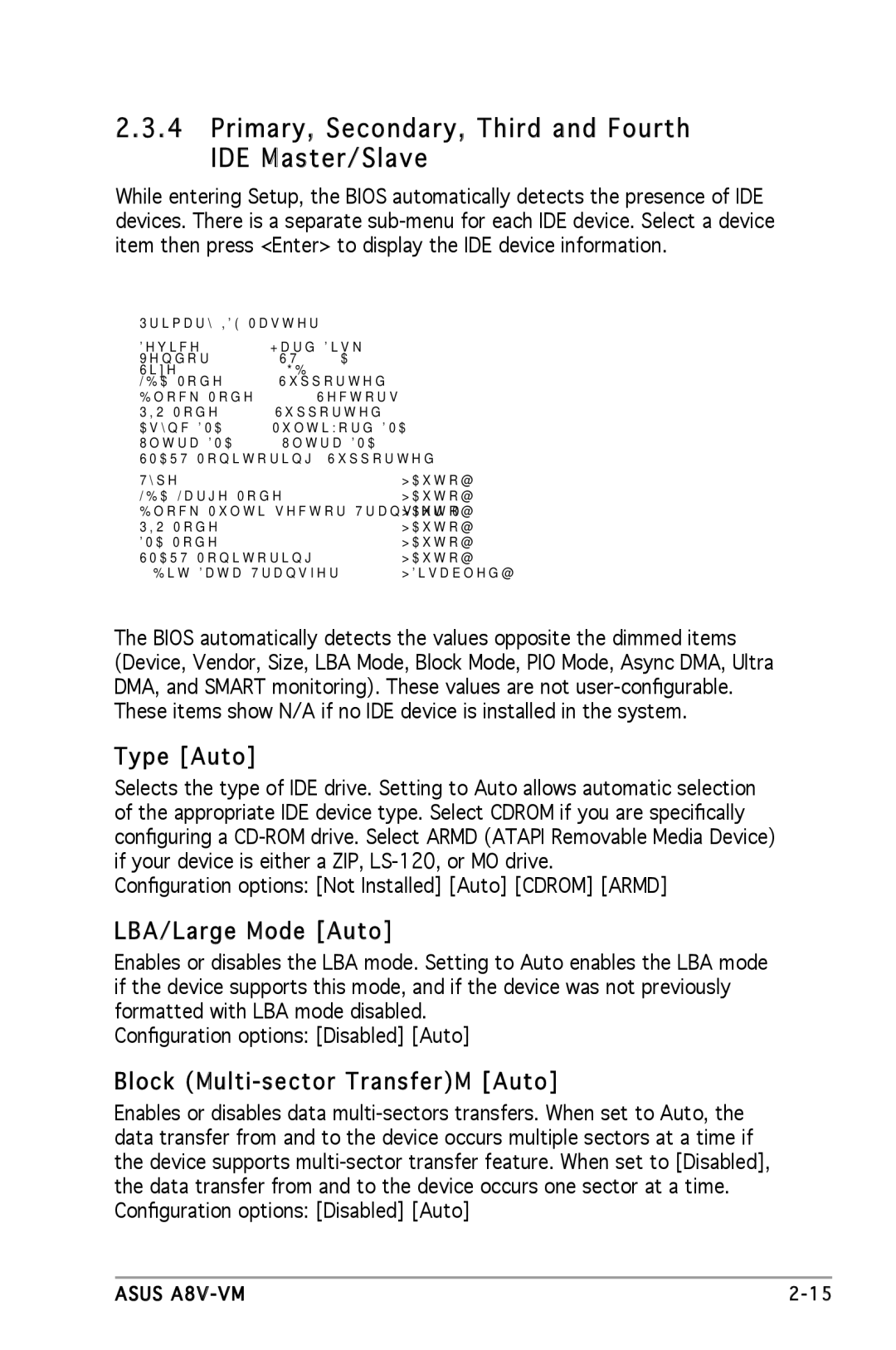 Asus A8V-VM manual Primary, Secondary, Third and Fourth IDE Master/Slave, Type Auto, LBA/Large Mode Auto 