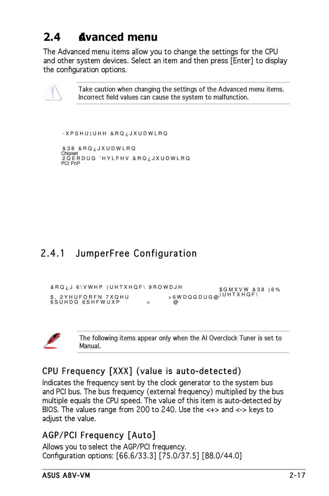 Asus A8V-VM Advanced menu, JumperFree Configuration, CPU Frequency XXX value is auto-detected, AGP/PCI Frequency Auto 