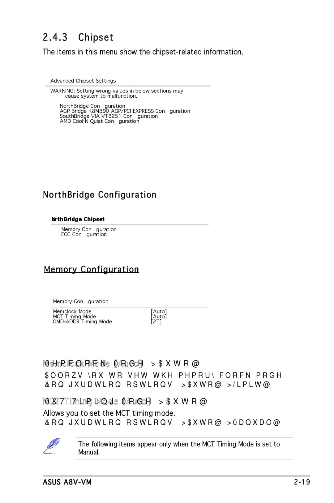 Asus A8V-VM manual Chipset, NorthBridge Configuration, Memory Configuration, Memclock Mode Auto, MCT Timing Mode Auto 